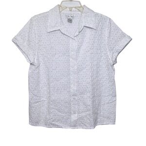 Hasting‎ & Smith Eyelet Button Down 1X White Short Sleeve Cotton Cottage Coastal